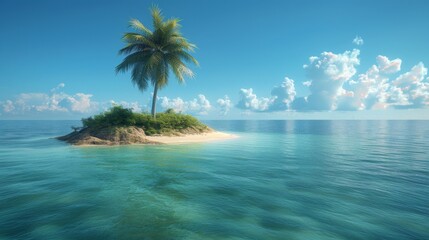 Solitary palm tree on a tiny desert island in the middle of a clear ocean on a sunny day