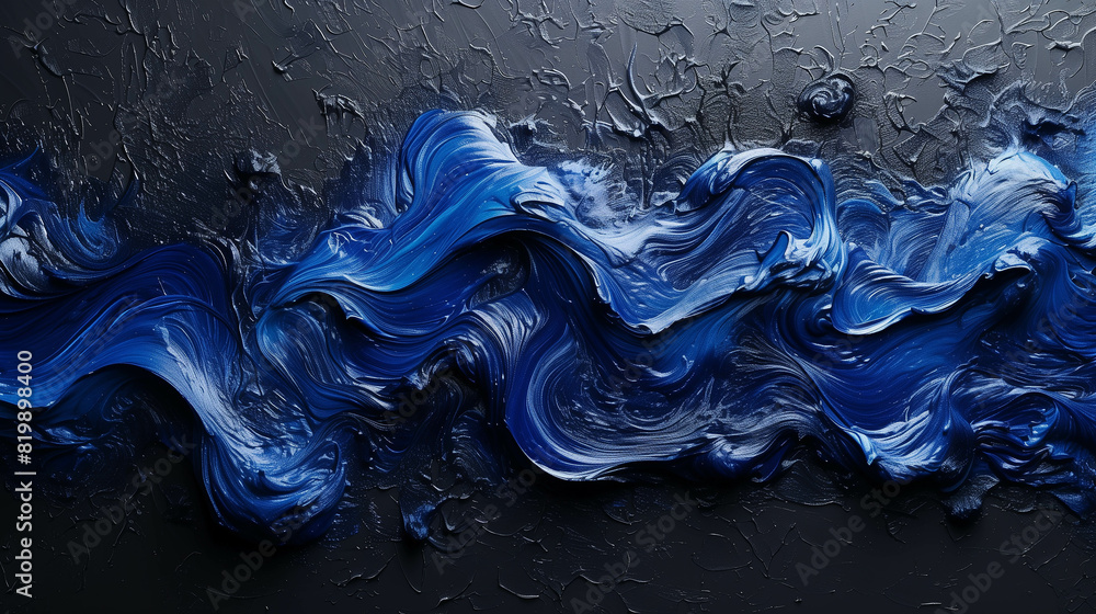 Abstract dark blue textured painting with bold brushstrokes on a black ...