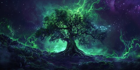Wall Mural - a cosmic tree of life like Yggdrasil, mossy greens color, dark purple color, dramatic lighting 