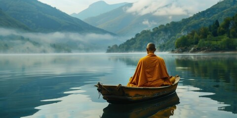 Wall Mural - A Buddhist moje meditating in a boat in the middle of a lake 