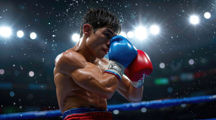 Wall Mural - Skilled boxer defends a punch in a brightly lit arena, with sweat and focus visible on his face, creating an intense and dramatic moment during a nighttime match