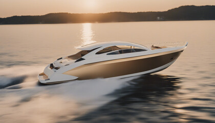 Wall Mural - luxury speed boat vehicle yacht white, golden hour.
