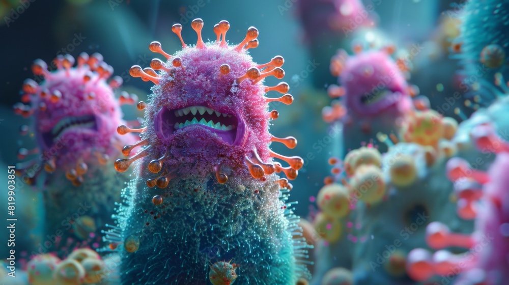 Cartoon caricature bacteria, angry, aggressive on blurred macro ...