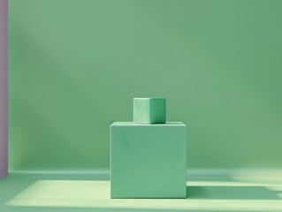 Poster - Minimalist Pastel Green Podium on Textured Background for Modern Display - Soft Ambient Lighting Highlights Monochromatic Scheme