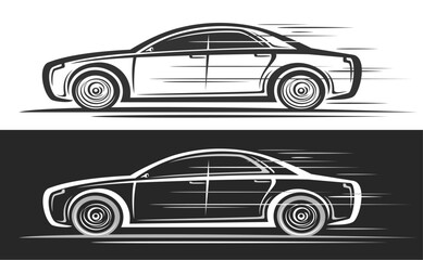 Wall Mural - Vector logo for Sedan Car, automotive decorative banner with simple contour illustration of monochrome luxury elegant concept car in moving, contour clipart running sedan on black and white background