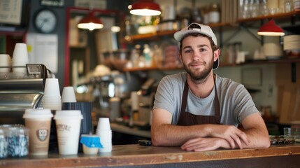 Wall Mural - A portrait captures the entrepreneurial drive of a young coffee shop owner as they stand proudly at the counter, their dedication to quality and customer satisfaction evident in every aspect.