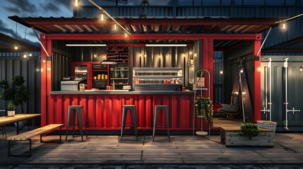 Food truck container cafe mobile mock up design loft style architecture identity concept : Generative AI