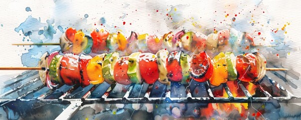 Wall Mural - A skewer of vegetables is on a grill, having a barbecue, bbq, illustrations, summer activities.