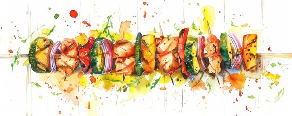 Wall Mural - A skewer of food with a variety of vegetables and meat, having a barbecue, bbq, illustrations, summer activities.