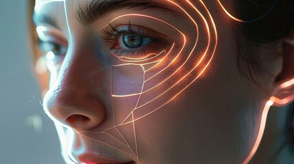 Aufkleber - Graphic contouring lines accentuating potential cosmetic enhancements on a womans face, creating a futuristic look. Generative AI