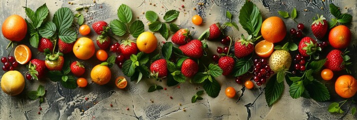 Wall Mural - Collection of various fruits displayed on a vertical surface