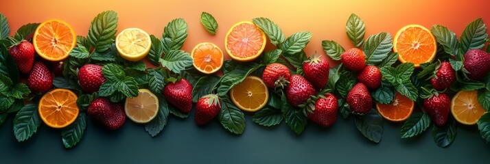 Wall Mural - Assorted oranges and strawberries with green leaves arranged together