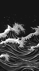 Illustration of a black and white wave with a bird flying above