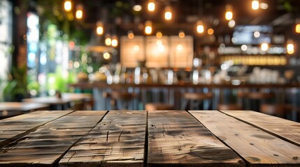 Fototapete - Wooden board empty table in front of blurred background Perspective brown wood over blur in coffee shop  can be used for display or montage your productsMock up for display of product : Generative AI