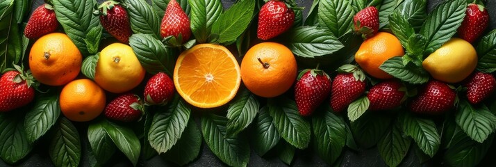 Wall Mural - Assorted fruit including oranges arranged with leaves in a group setting
