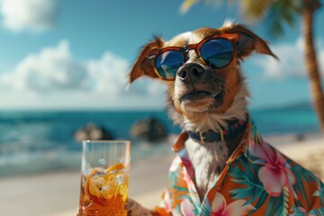 A dog wearing sunglasses holds a drink on the beach. Suitable for summer vacation concepts