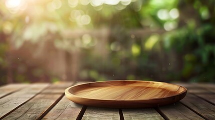 Poster - Empty wooden plate on wood table Soft blurry background of free space for your copy and branding Use as products display montage Vintage style concept : Generative AI
