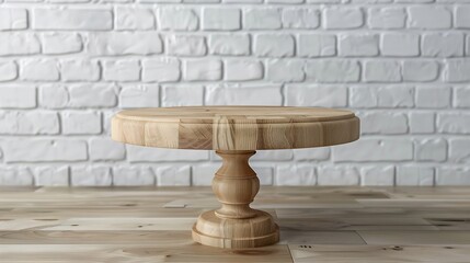 Poster - Empty wooden pedestal on kitchen table before white brick wall : Generative AI