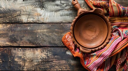 Cooking background with empty mud dish mexican typical fabric on rustic wooden table Table top view with copy space : Generative AI