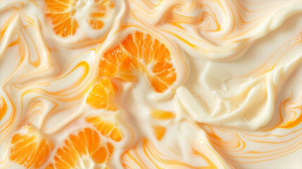 top view of orange creamsicle ice cream surface, a closeup of the orange creamsicle ice cream texture, featuring its creamy base with a bright orange color and swirls of vanilla