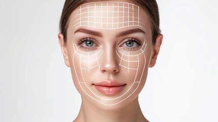 Leinwandbilder - A womans face with graphic contouring lines highlighting potential cosmetic enhancement areas. Generative AI