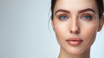 Aufkleber - A close-up of a womans face with lines drawn on it, emphasizing potential cosmetic enhancements in various areas. Generative AI