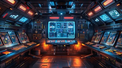 Sci-fi technology background image, Advanced control room with a central command console Illustration image,