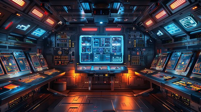 sci-fi technology background image, advanced control room with a central command console illustratio