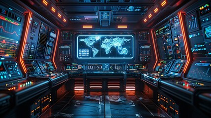 Wall Mural - Sci-fi technology background image, Control room with an array of digital screens and consoles Illustration image,