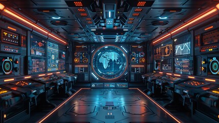 Wall Mural - Sci-fi technology background image, Control room with an array of digital screens and consoles Illustration image,