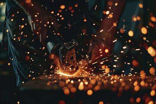 A person cutting a piece of metal with sparks. Suitable for industrial and manufacturing concepts