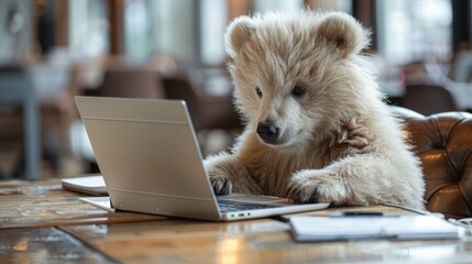 Canvas Print - A teddy bear sitting at a table with laptop in front of him, AI