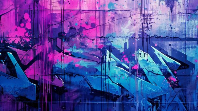 abstract graffiti with retro video game elements, blue and purple palette 