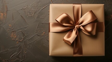 Wall Mural - A brown box with a ribbon on top of a dark surface