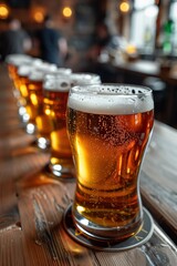 Canvas Print - A row of glasses filled with beer on a wooden bar, AI