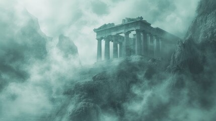 Ancient old greek temple in a mist and fog mountain landscape.