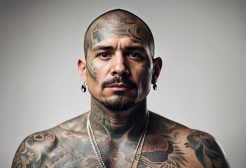 portrait of a tattooed mexican drug trafficker, isolated white background