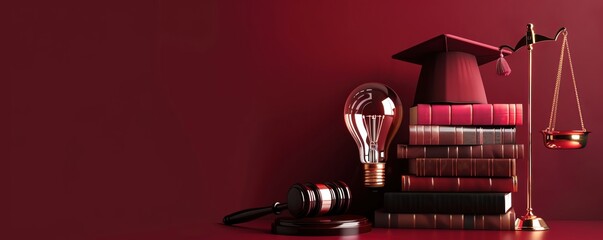 Legal Studies A light bulb with a graduation cap, next to gavels and law books, on a deep burgundy background