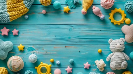Fototapete - A blue background with a variety of toys and stuffed animals