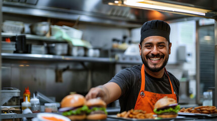 Indian smiling burger chef making smash burger wearing orange apron, black tshirt and black cap hat