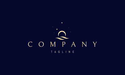 Wall Mural - a vector golden logo with an abstract image of a sea wave and the moon under a starry sky.