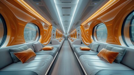 Inside the portrait train the sleek and modern interior provides comfort and efficiency for travelers