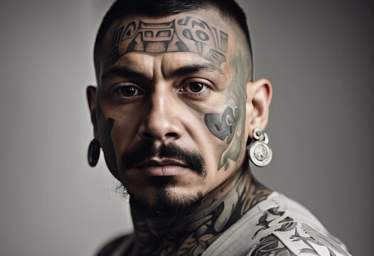 portrait of a tattooed Mexican drug trafficker, isolated white background
