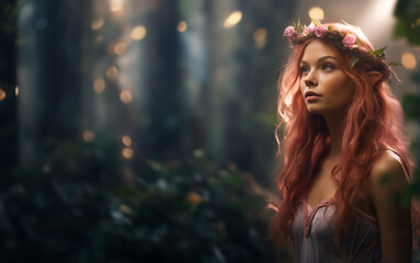 Red haired elf. most pretty elf maiden in the woods. Princess elven woman elf portrait. Fantasy lush bokeh forest background.