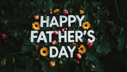 Wall Mural - Happy Fathers Day written lettering greeting card with colorful flowers and leaves. Father's Day wishes concept typography background