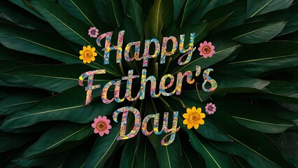 Wall Mural - Happy Father's Day typography greeting card with colorful flowers and leaves. Fathers Day wishes concept lettering background