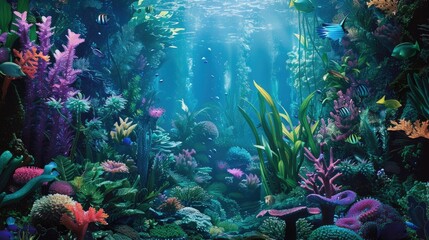 Wall Mural - A colorful underwater scene with many fish and plants