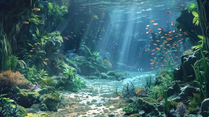 Wall Mural - A beautiful underwater scene with a river running through it. The water is clear and the sun is shining brightly, creating a peaceful and serene atmosphere