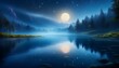 © Jay Kat. - A calm lake at night, with a light mist hovering over the water's surface.