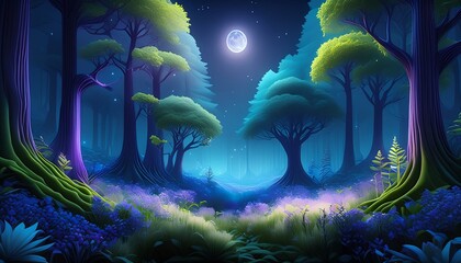 Wall Mural - A serene forest clearing bathed in soft moonlight, with towering trees and gentle shadows. 